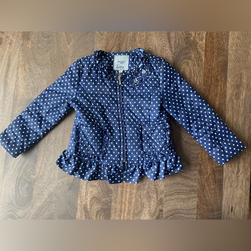Mayoral French brand navy blue and white polka jacket.